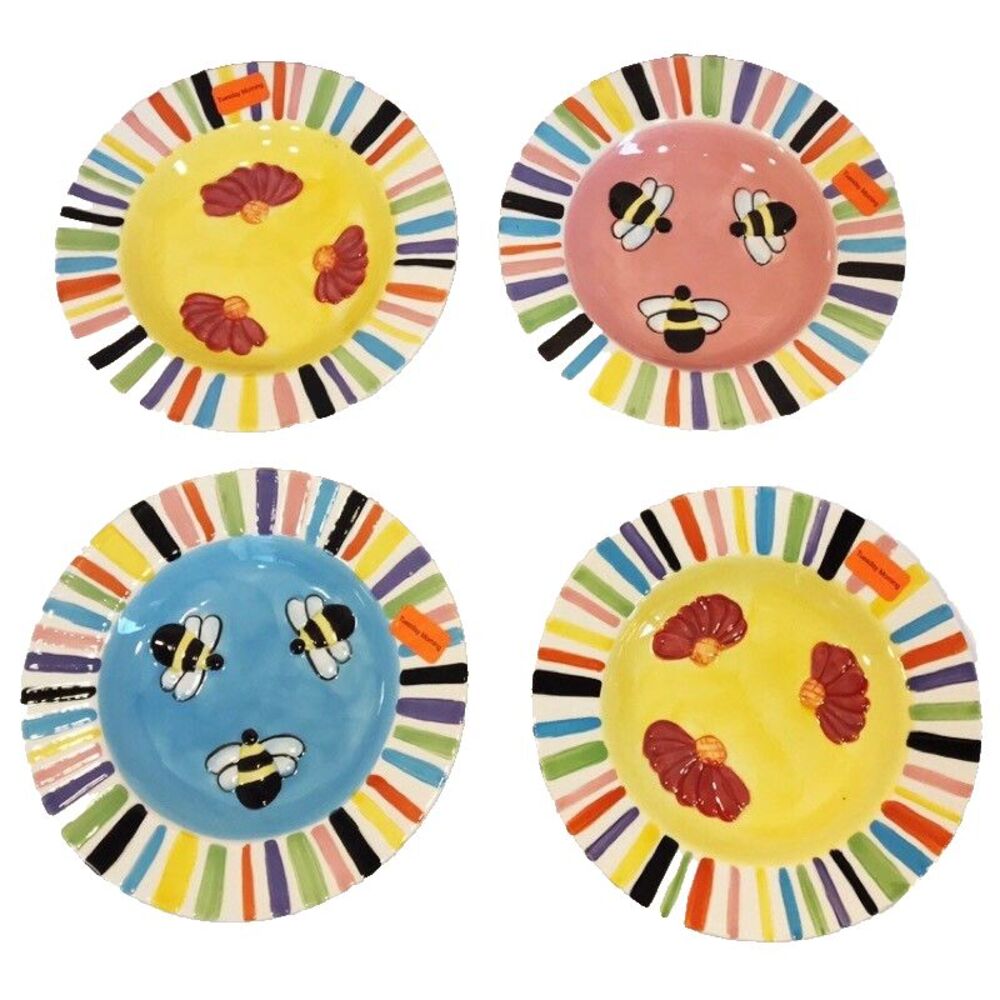 Set 4 Piece Salad Dessert Plates Daisies Bees Pink Yellow Blue Floral Rainbow 8"